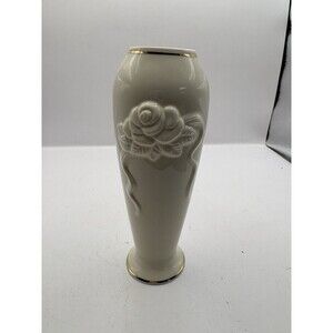 Lenox Small Bud Vase Ivory Gold Trim Rose Ribbon Embossed Floral 6” China Vintag
